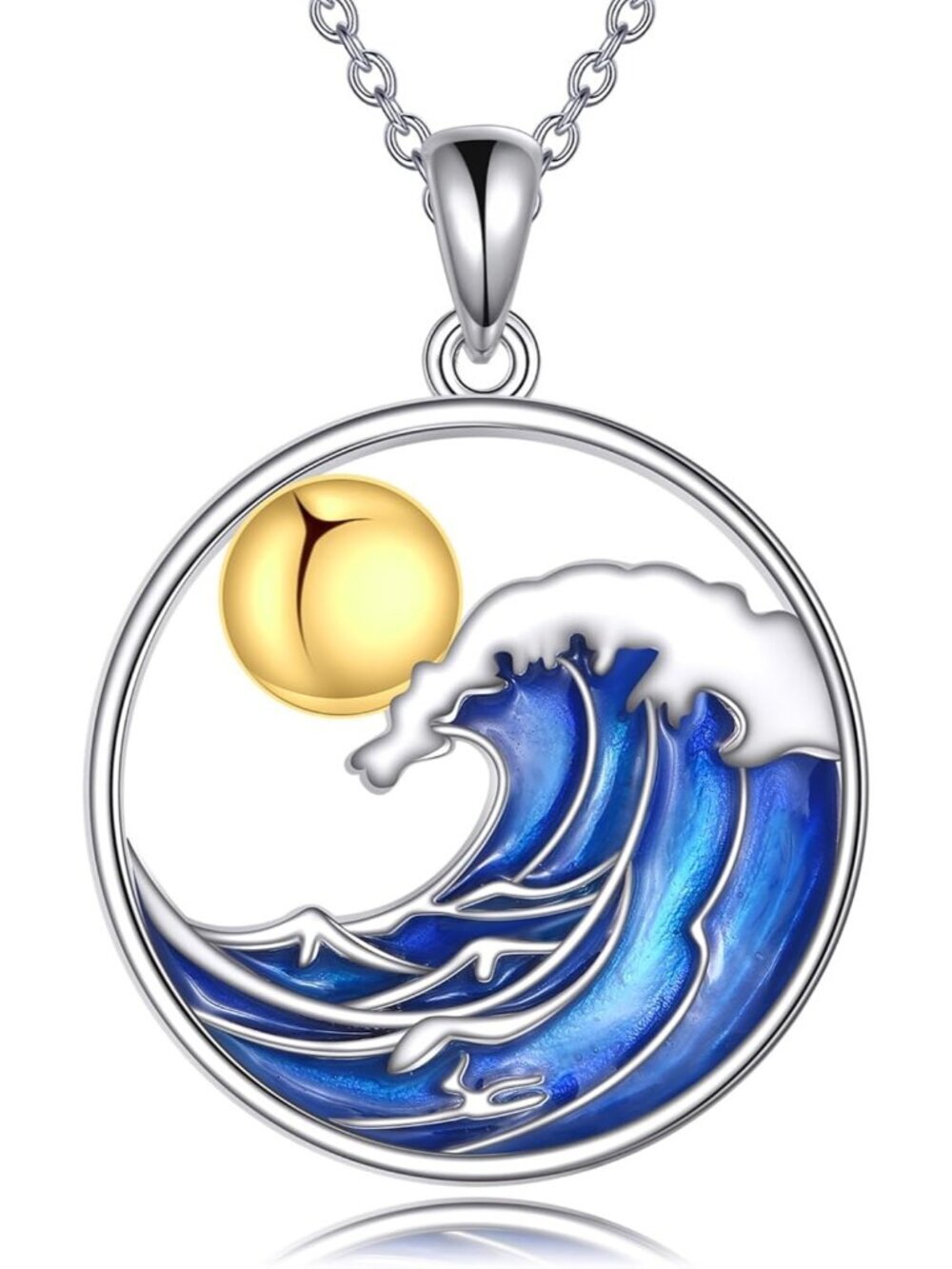 Women's Blue Silver Mountain and Sea Wave Natural Item Jewelry Necklace